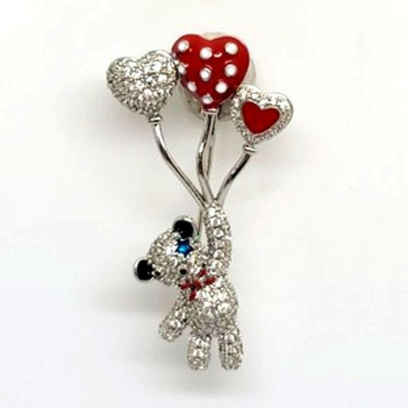Rhodium Plated Silver Round CZ Bear & Balloons Pin - Picture 1 of 4